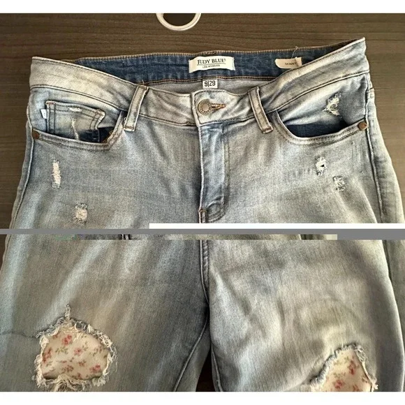 Judy Blue Skinny Jeans Womens 9/29 Distressed Floral Patch Y2K Cottagecore 34x28 - Picture 5 of 9